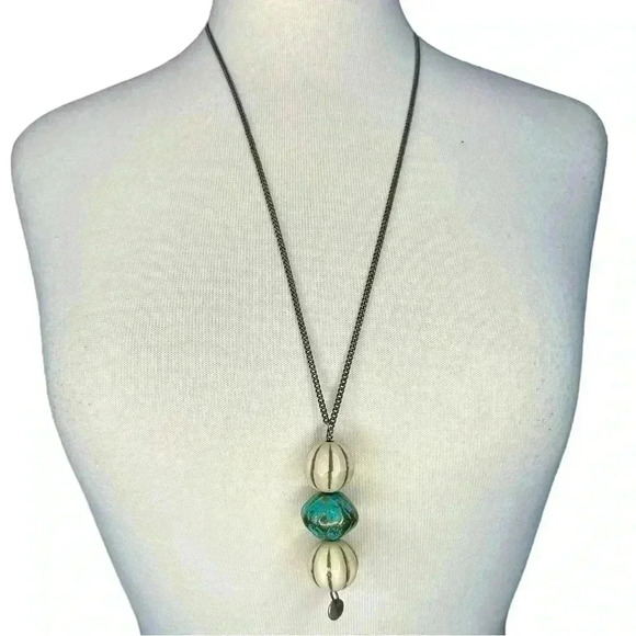 Beaded sweater necklace blue white and gold - Picture 1 of 2